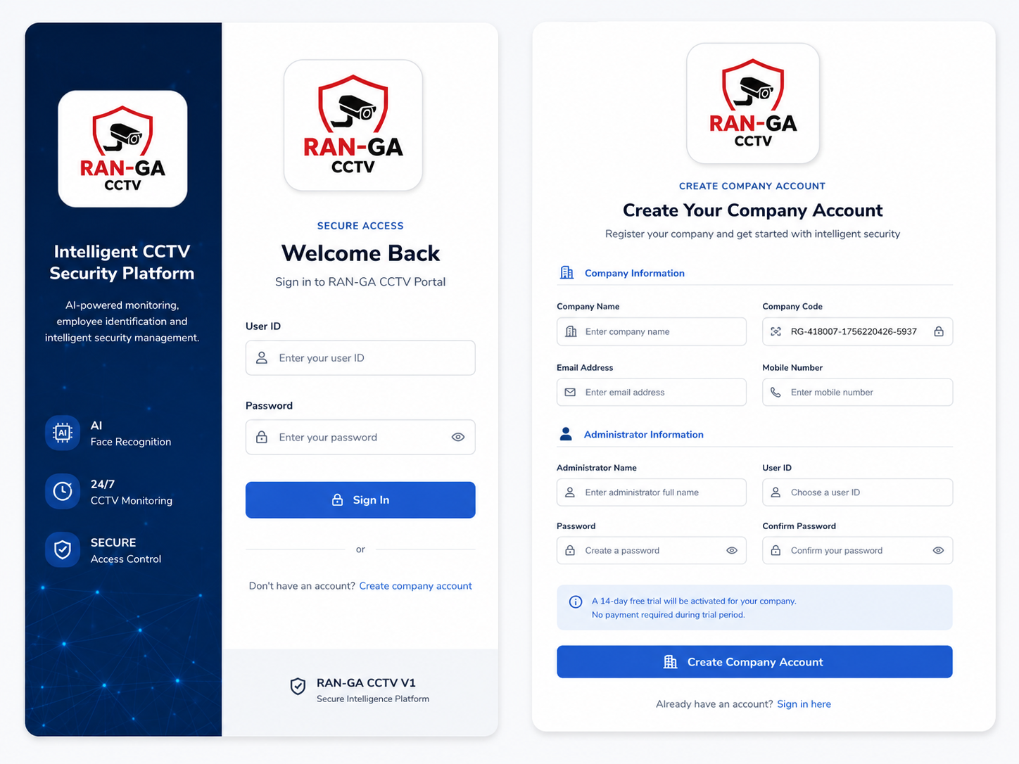 RAN-GA CCTV login and registration interface
